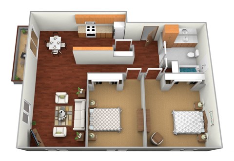 a floor plan of a two bedroom apartment with two bathrooms and a living room with a fireplace at Northridge Apartments, Pine City, MN